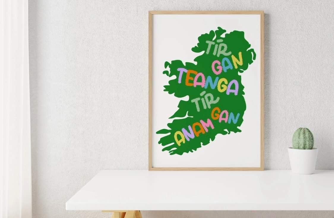 A framed art print featuring a green silhouette map of Ireland with colorful text reading 'Tir Teanga Tir Anam Gan' on a white background, leaning on a white table next to a small potted cactus.