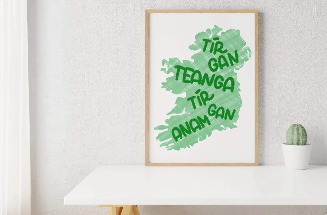 A framed art print featuring a green textured map of Ireland with the Gaelic phrase 'Tir Gan Teanga Tir Angam Gan' in green lettering, displayed on a white table against a light gray wall next to a small potted cactus.
